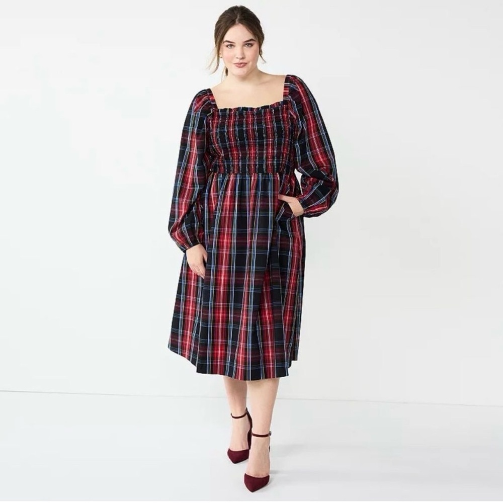 Draper James RSVP Long Sleeve Smocked Midi Dress Tartan Plaid Christmas Size XXL